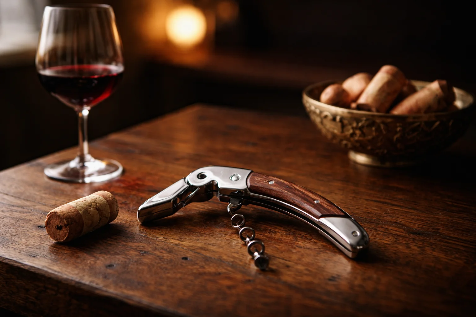 Scenă ultra-premium: pahar de vin, tirbușon